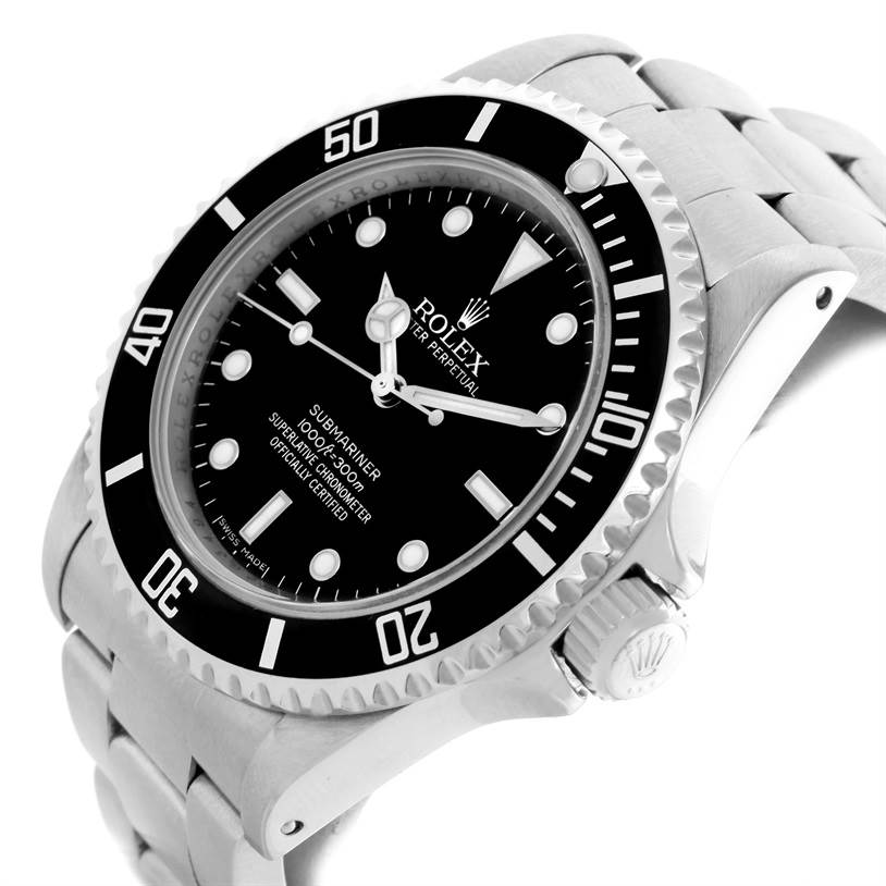 The image shows a Rolex Submariner 14060 Men
s Stainless Steel Black Dial 14060 Men
s Stainless Steel Black Dial watch from an angled side view highlighting the black dial, bezel, crown, and part of the stainless steel bracelet.