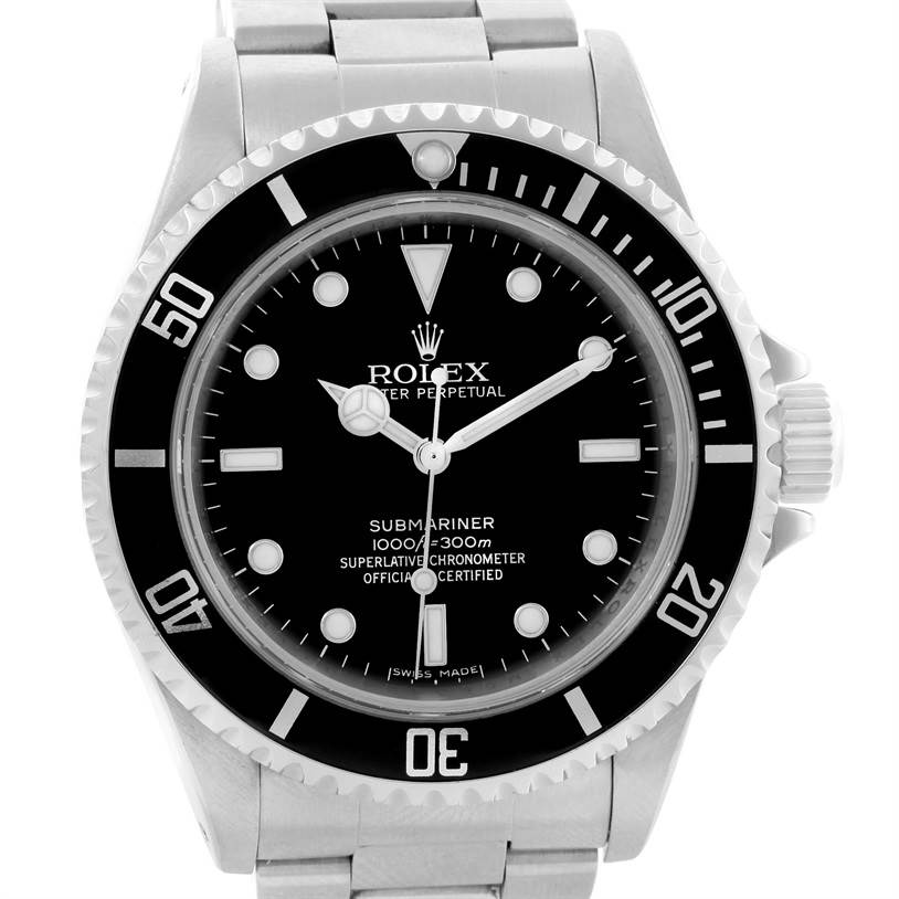 The image shows a frontal view of a Rolex Submariner 14060 Men
s Stainless Steel Black Dial 14060 Men
s Stainless Steel Black Dial watch, highlighting its dial, bezel, and part of the bracelet.