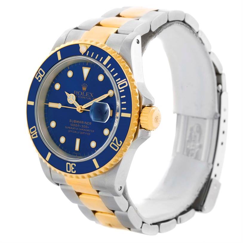 The image shows a Rolex Submariner 16613 Men
s Steel and Gold (two tone) Blue Dial 16613 Men
s Steel and Gold (two tone) Blue Dial watch from an angled side profile, displaying the bezel, dial, crown, and bracelet.