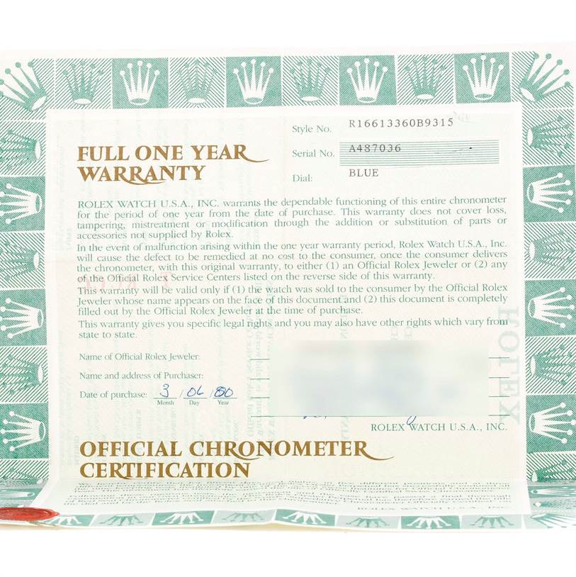 The image shows an official chronometer certification and warranty card for a Rolex Submariner 16613 Men
s Steel and Gold (two tone) Blue Dial 16613 Men
s Steel and Gold (two tone) Blue Dial model watch.
