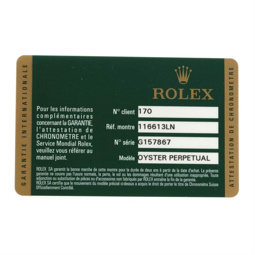 This image shows a guarantee and chronometer certification card for a Rolex Submariner 116613 Men
s Steel and Gold (two tone) Black Dial 116613 Men
s Steel and Gold (two tone) Black Dial model watch.
