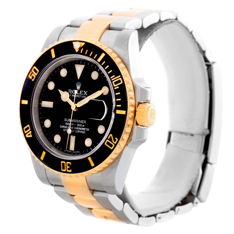 The Rolex Submariner 116613 Men
s Steel and Gold (two tone) Black Dial 116613 Men
s Steel and Gold (two tone) Black Dial watch is shown at a three-quarter angle, displaying the dial, bezel, case, and bracelet.