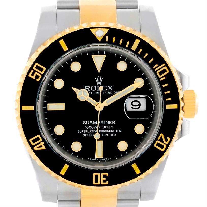 The image shows a front view of a Rolex Submariner 116613 Men
s Steel and Gold (two tone) Black Dial 116613 Men
s Steel and Gold (two tone) Black Dial watch, highlighting the bezel, dial, and bracelet.
