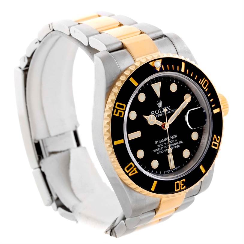 The image shows a side angle of the Rolex Submariner 116613 Men
s Steel and Gold (two tone) Black Dial 116613 Men
s Steel and Gold (two tone) Black Dial watch, highlighting its bezel, dial, hands, bracelet, and clasp.