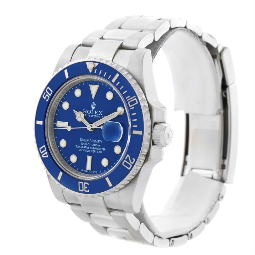 The image shows a Rolex Submariner 116619LB Men's White Gold Blue Dial 116619LB Men's White Gold Blue Dial watch angled to display the face, bezel, crown, and part of the bracelet.