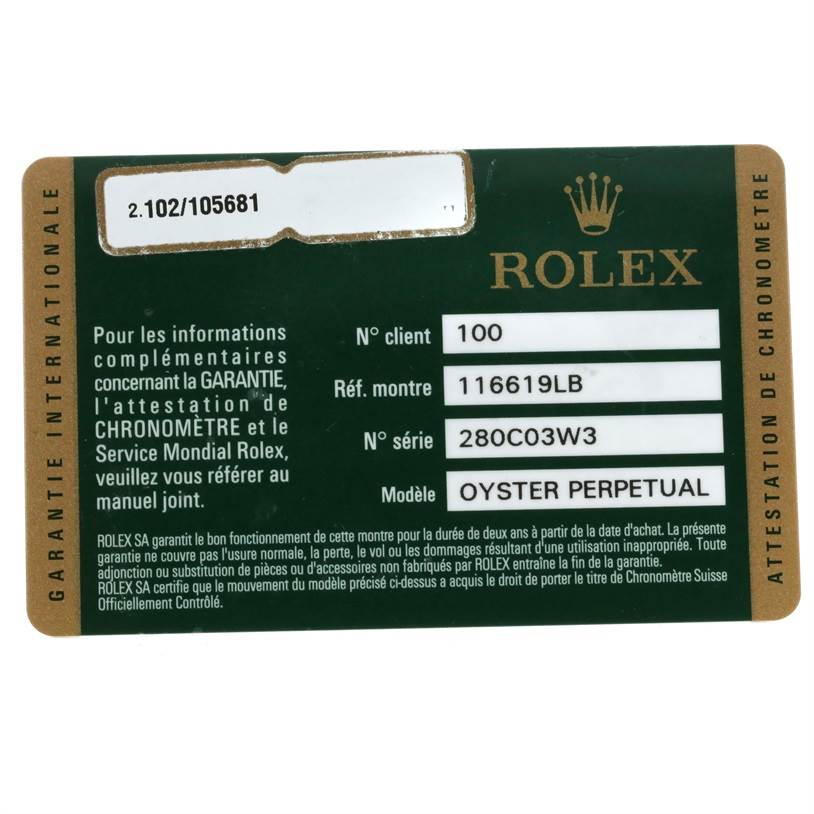This is a certification card for a Rolex Submariner 116619LB Men's White Gold Blue Dial 116619LB Men's White Gold Blue Dial model labeled "OYSTER PERPETUAL" with reference number 116619LB.