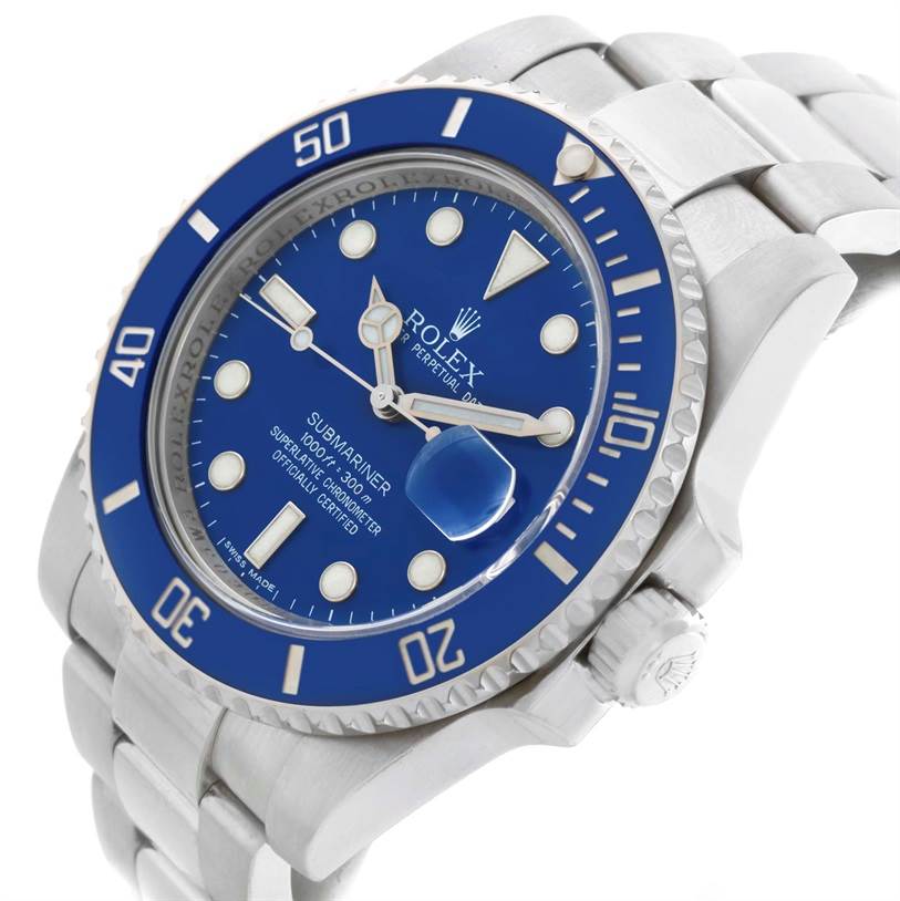 The image shows a Rolex Submariner 116619LB Men's White Gold Blue Dial 116619LB Men's White Gold Blue Dial watch at a slight angle, displaying its blue dial, rotating bezel, and stainless steel bracelet.