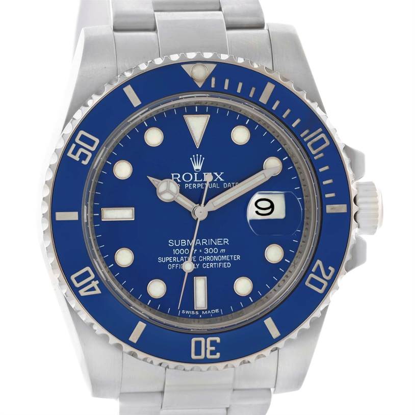 The image shows a front view of the Rolex Submariner 116619LB Men's White Gold Blue Dial 116619LB Men's White Gold Blue Dial watch, highlighting its blue dial, bezel, and stainless steel bracelet.