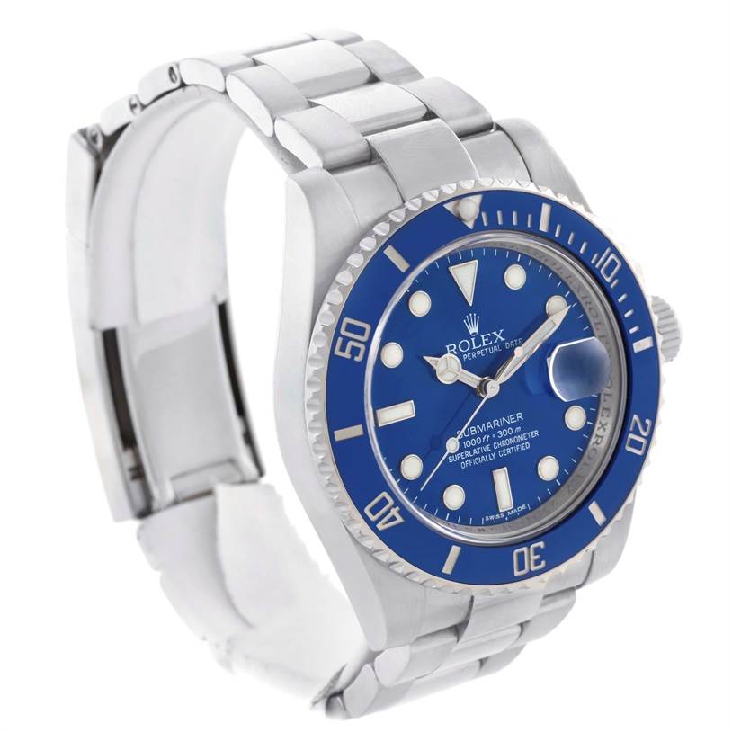 The Rolex Submariner 116619LB Men's White Gold Blue Dial 116619LB Men's White Gold Blue Dial watch is shown at a slight angle, highlighting the blue dial, bezel, and stainless steel bracelet.