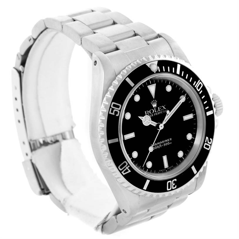 This image shows a side-angle view of a Rolex Submariner 14060 Men
s Stainless Steel Black Dial 14060 Men
s Stainless Steel Black Dial watch, highlighting its black dial, bezel, and stainless steel bracelet.