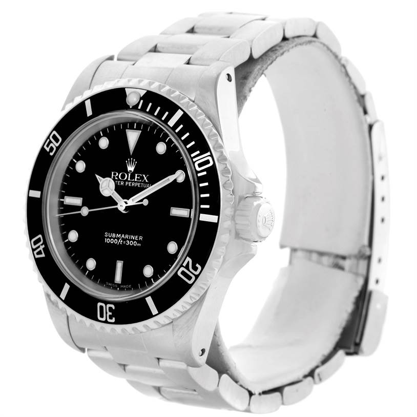 The image shows a Rolex Submariner 14060 Men
s Stainless Steel Black Dial 14060 Men
s Stainless Steel Black Dial watch at a slight angle, revealing the dial, bezel, crown, and part of the bracelet.