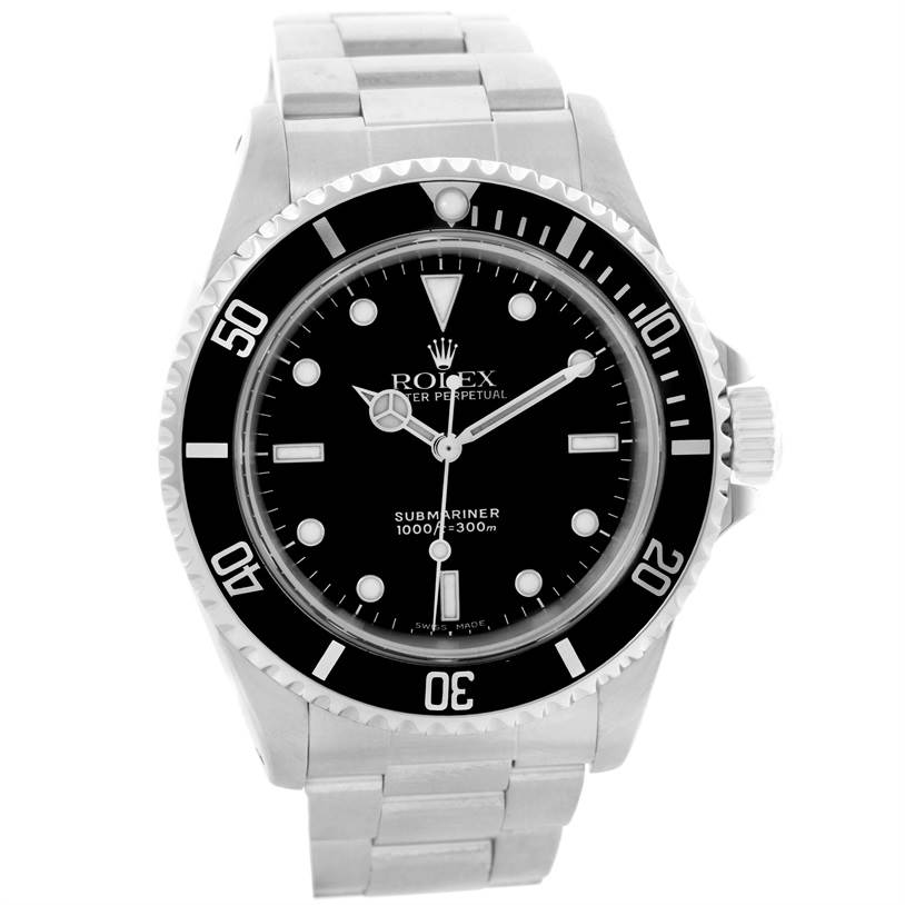 This image shows the Rolex Submariner 14060 Men
s Stainless Steel Black Dial 14060 Men
s Stainless Steel Black Dial watch from a front angle, highlighting the dial, bezel, and bracelet.