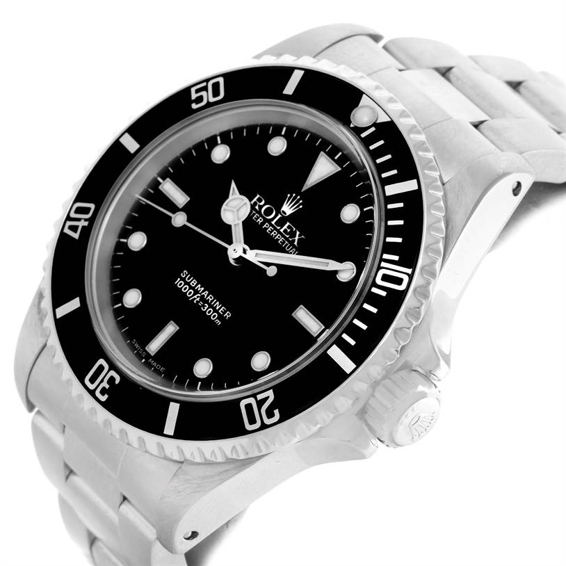 The image shows an angled front view of a Rolex Submariner 14060 Men
s Stainless Steel Black Dial 14060 Men
s Stainless Steel Black Dial, highlighting the dial, bezel, and bracelet.