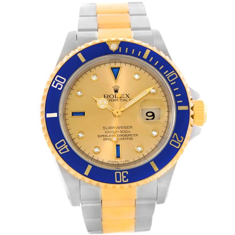 The image shows the front view of a Rolex Submariner 16613 Men's Steel and Gold (two tone) Champagne Dial 16613 Men's Steel and Gold (two tone) Champagne Dial watch, highlighting its dial, bezel, and bracelet.