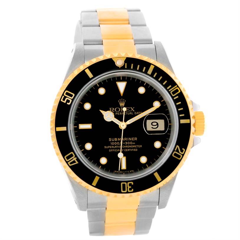 The image shows the front view of a Rolex Submariner 16613 Men
s Steel and Gold (two tone) Black Dial 16613 Men
s Steel and Gold (two tone) Black Dial watch, highlighting the dial, bezel, and two-tone bracelet.