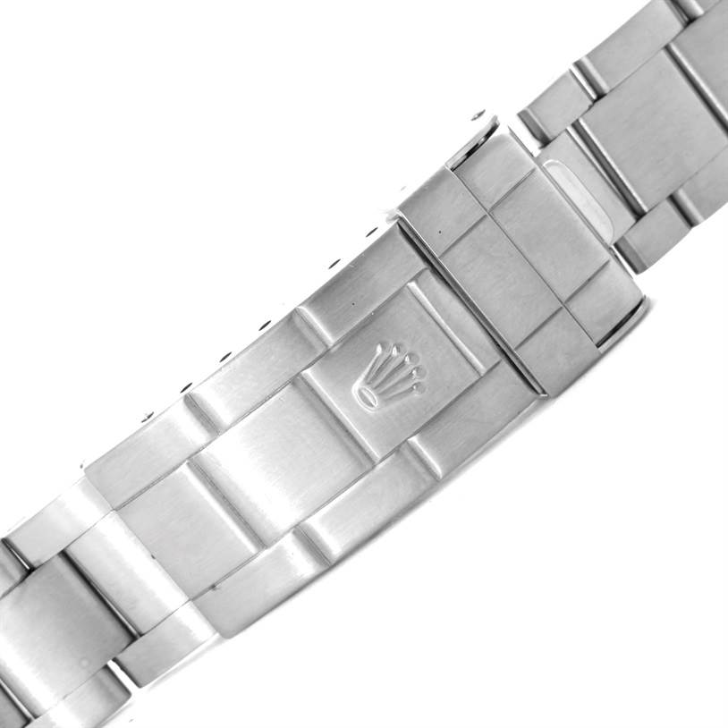 The image shows a close-up of the stainless steel bracelet clasp of a Rolex Submariner 16610 Men
s Stainless Steel Black Dial 16610 Men
s Stainless Steel Black Dial watch.