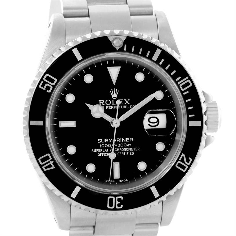 This image shows a front-facing view of the Rolex Submariner 16610 Men
s Stainless Steel Black Dial 16610 Men
s Stainless Steel Black Dial watch, highlighting the dial, bezel, and part of the bracelet.