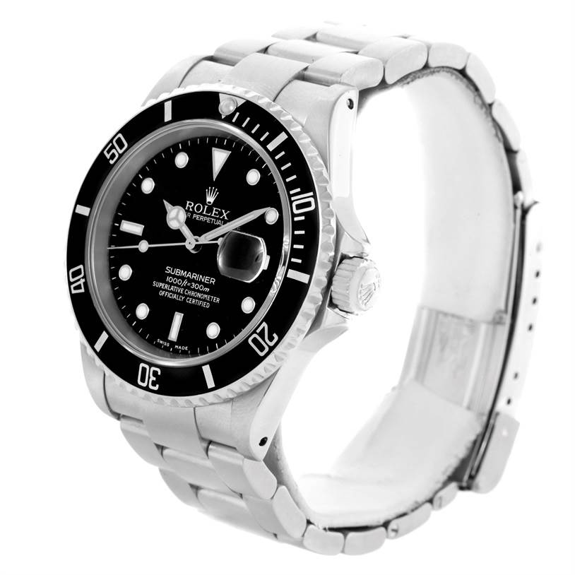 The Rolex Submariner 16610 Men
s Stainless Steel Black Dial 16610 Men
s Stainless Steel Black Dial watch is shown at a three-quarter angle, highlighting the black bezel, dial, and stainless steel bracelet.