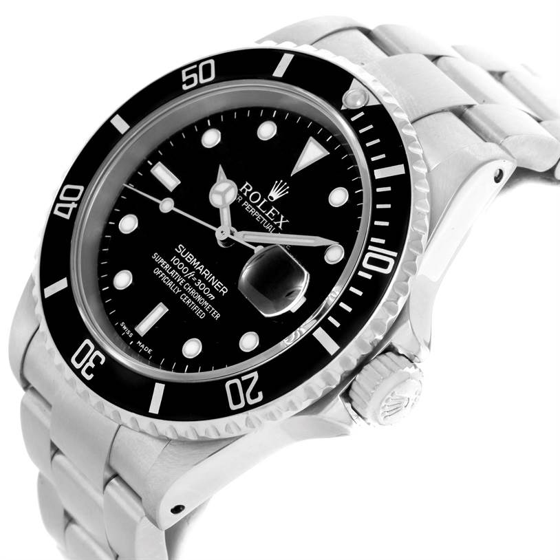 The Rolex Submariner 16610 Men
s Stainless Steel Black Dial 16610 Men
s Stainless Steel Black Dial watch is shown at an angled view, displaying the face, bezel, crown, and part of the bracelet.