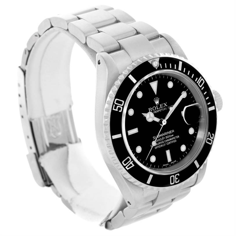 The image shows a Rolex Submariner 16610 Men
s Stainless Steel Black Dial 16610 Men
s Stainless Steel Black Dial watch from a side angle, highlighting the watch face, bezel, and metal bracelet.