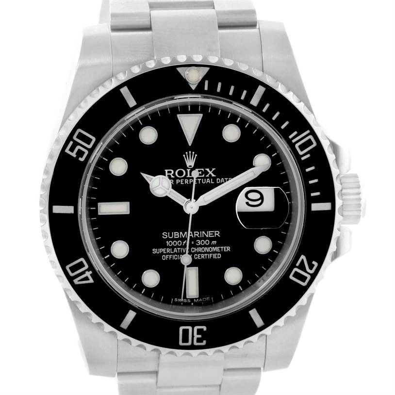 The image shows a frontal view of a Rolex Submariner 116610 Men
s Stainless Steel Black Dial 116610 Men
s Stainless Steel Black Dial watch, highlighting the dial, bezel, and bracelet.