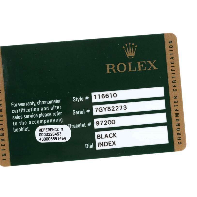 This image shows the warranty card for a Rolex Submariner 116610 Men
s Stainless Steel Black Dial 116610 Men
s Stainless Steel Black Dial, providing details such as style, serial number, bracelet number, and dial type.