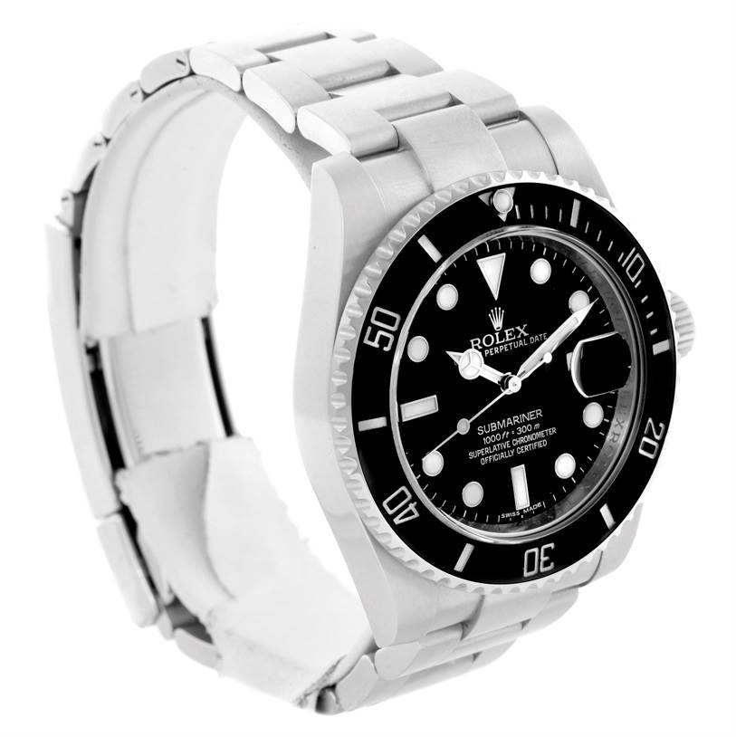 The image shows a Rolex Submariner 116610 Men
s Stainless Steel Black Dial 116610 Men
s Stainless Steel Black Dial watch at an angled side view highlighting the bracelet, bezel, and face.