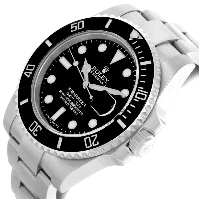 This image shows a tilted angle of a Rolex Submariner 116610 Men
s Stainless Steel Black Dial 116610 Men
s Stainless Steel Black Dial, highlighting its dial, bezel, and part of the bracelet.