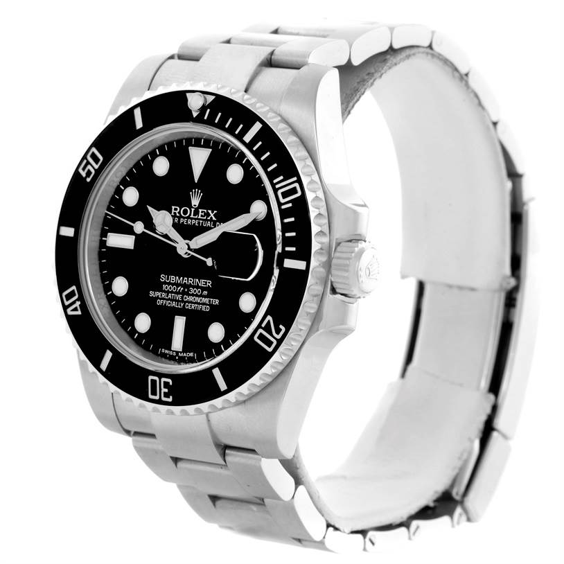 The image shows a Rolex Submariner 116610 Men
s Stainless Steel Black Dial 116610 Men
s Stainless Steel Black Dial from a front angle, highlighting its dial, bezel, crown, and a portion of the bracelet.