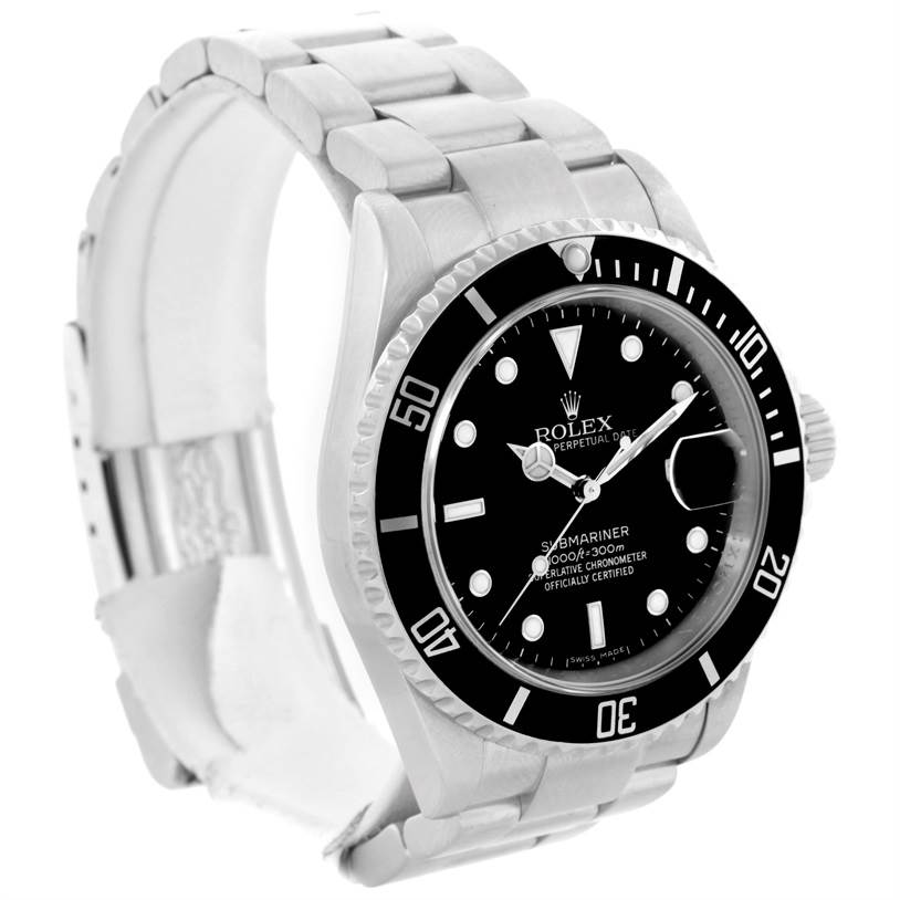 The image shows a Rolex Submariner 16610 Men
s Stainless Steel Black Dial 16610 Men
s Stainless Steel Black Dial watch at a slight right side angle, highlighting the bezel, dial, and bracelet.