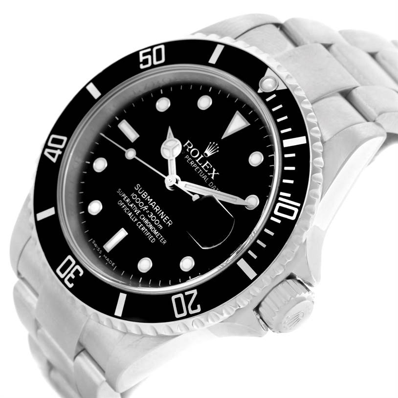 The image shows a Rolex Submariner 16610 Men
s Stainless Steel Black Dial 16610 Men
s Stainless Steel Black Dial watch from a front angle, highlighting its face, bezel, crown, and part of the bracelet.