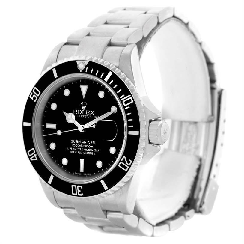 This image shows a Rolex Submariner 16610 Men
s Stainless Steel Black Dial 16610 Men
s Stainless Steel Black Dial watch at a slight angle, highlighting the dial, bezel, crown, and bracelet.