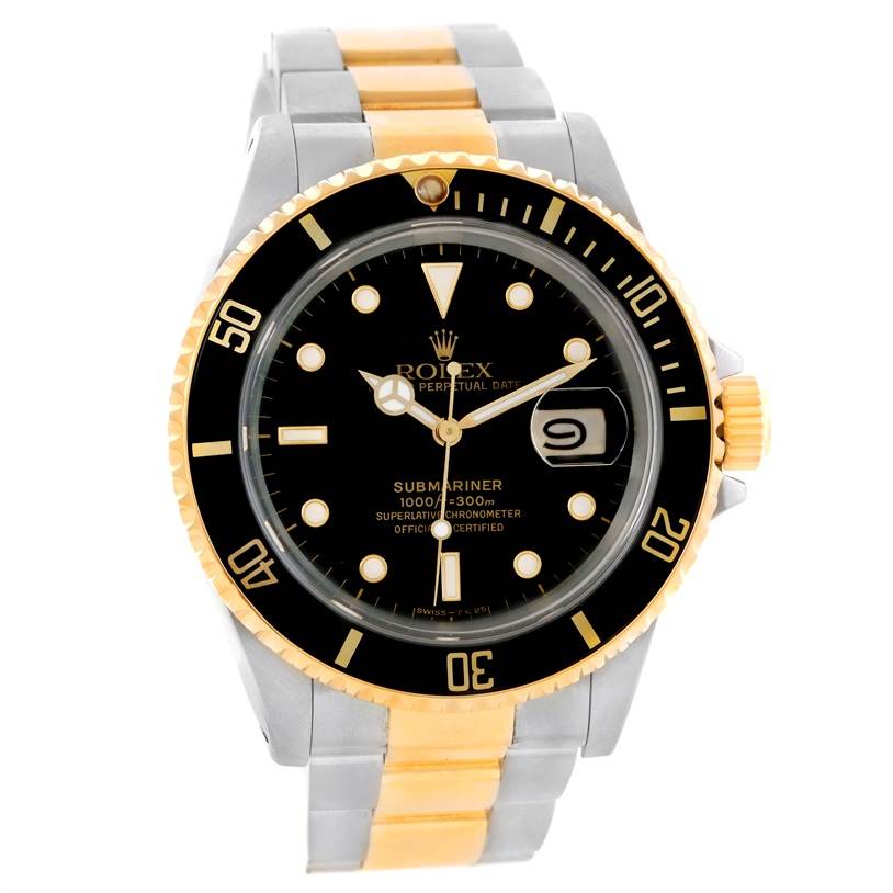 The Rolex Submariner 16613 Men's Steel and Gold (two tone) Black Dial 16613 Men's Steel and Gold (two tone) Black Dial watch is shown from a front angle, displaying its black dial, date window, and two-tone bracelet.