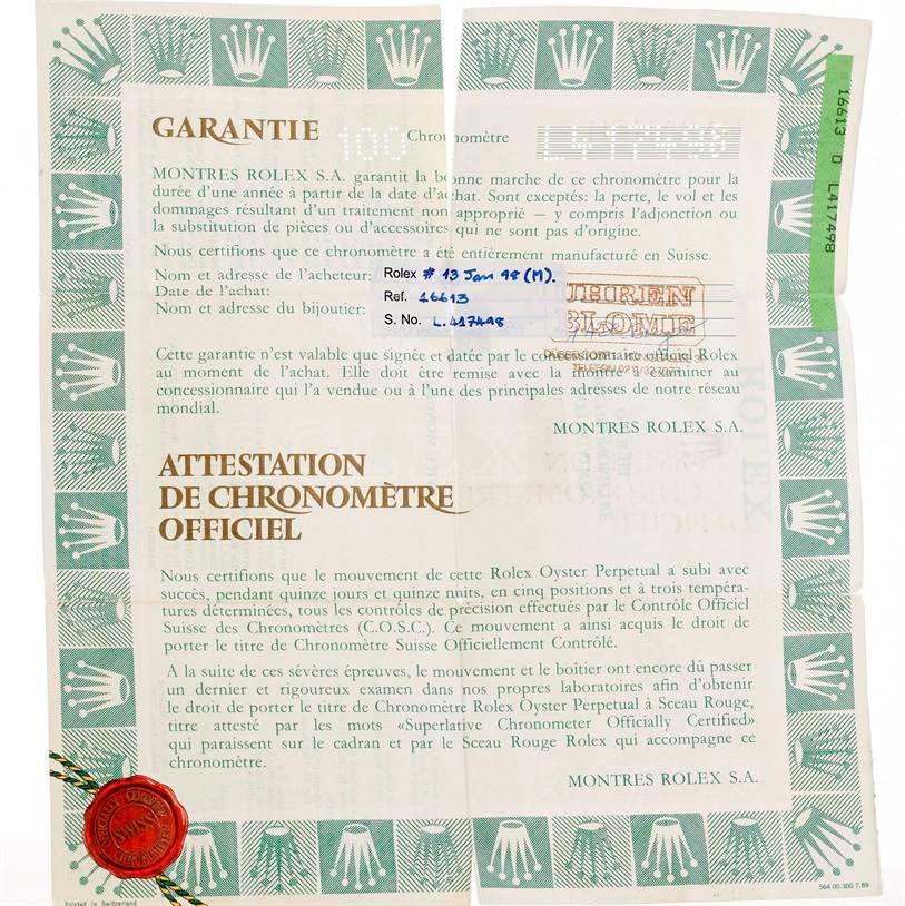 The image shows a warranty and official chronometer certification for a Rolex Submariner 16613 Men's Steel and Gold (two tone) Black Dial 16613 Men's Steel and Gold (two tone) Black Dial.