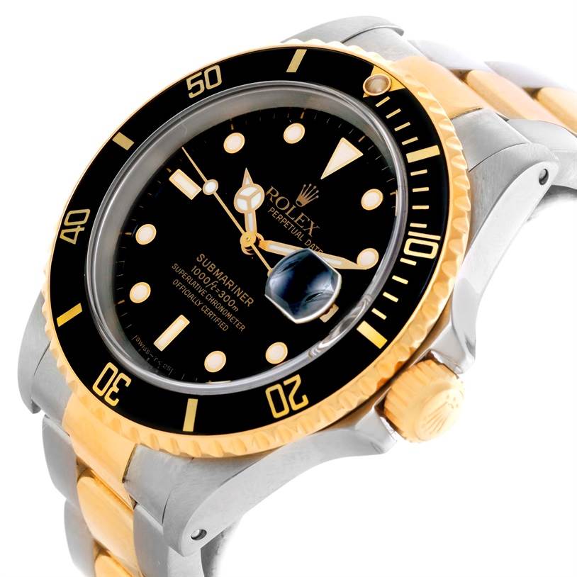 The image shows a close-up angled view of the Rolex Submariner 16613 Men's Steel and Gold (two tone) Black Dial 16613 Men's Steel and Gold (two tone) Black Dial watch, displaying its dial, bezel, and bracelet.