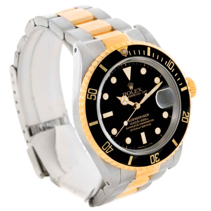 The image shows a Rolex Submariner 16613 Men's Steel and Gold (two tone) Black Dial 16613 Men's Steel and Gold (two tone) Black Dial watch at a 3/4 angle, displaying the dial, bezel, case, and band.
