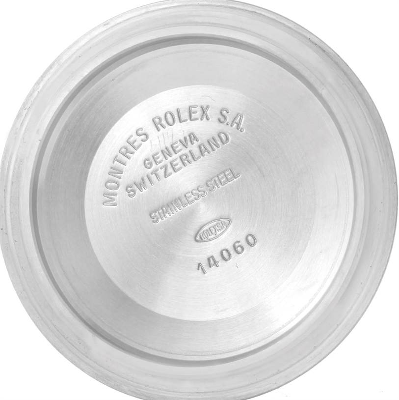 This image shows the inside of the case back of a Rolex Submariner 14060 Men
s Stainless Steel Black Dial 14060 Men
s Stainless Steel Black Dial watch, model number 14060.