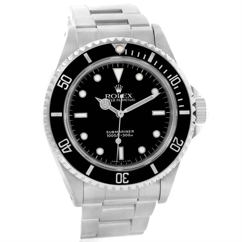 The image shows a front view of the Rolex Submariner 14060 Men
s Stainless Steel Black Dial 14060 Men
s Stainless Steel Black Dial watch, displaying the dial, bezel, and bracelet.