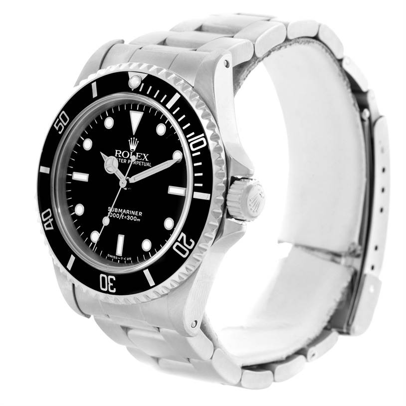 The Rolex Submariner 14060 Men
s Stainless Steel Black Dial 14060 Men
s Stainless Steel Black Dial watch is shown from a three-quarter angle, displaying its face, black bezel, and bracelet clearly.
