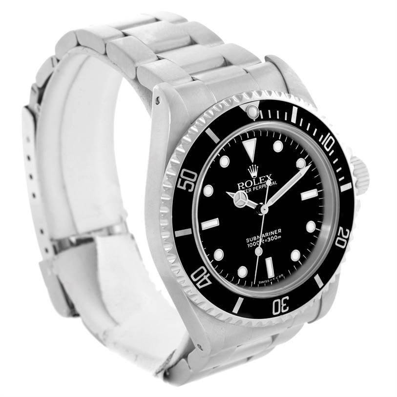 The Rolex Submariner 14060 Men
s Stainless Steel Black Dial 14060 Men
s Stainless Steel Black Dial is shown at an angle showcasing its face, bezel, crown, and metal bracelet.