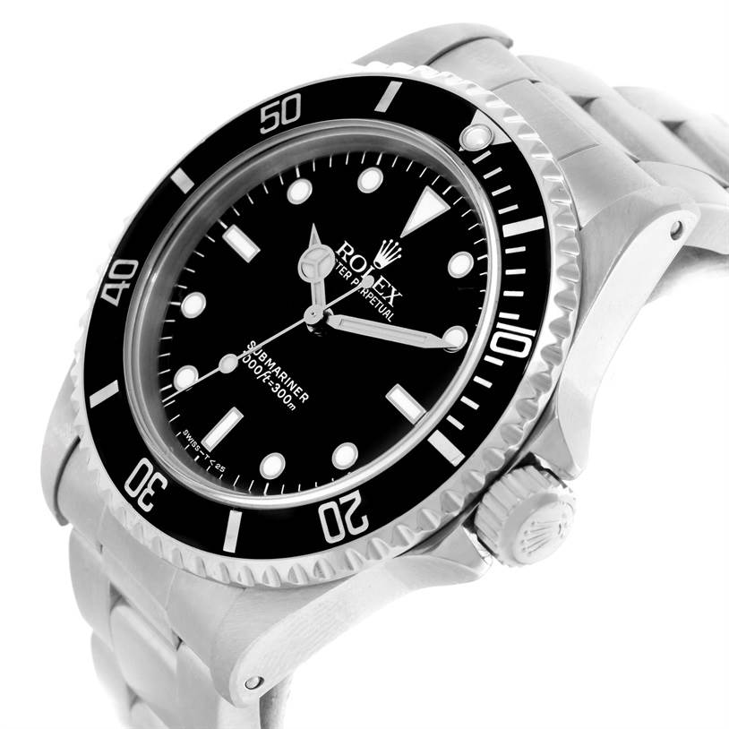 The Rolex Submariner 14060 Men
s Stainless Steel Black Dial 14060 Men
s Stainless Steel Black Dial watch is shown at an angled side view, highlighting the dial, bezel, crown, and bracelet.