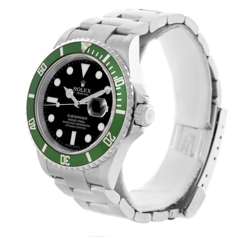 This image shows a side angle of the Rolex Submariner 16610LV Men
s Stainless Steel Black Dial 16610LV Men
s Stainless Steel Black Dial watch, displaying its green bezel, black dial, bracelet, and crown.