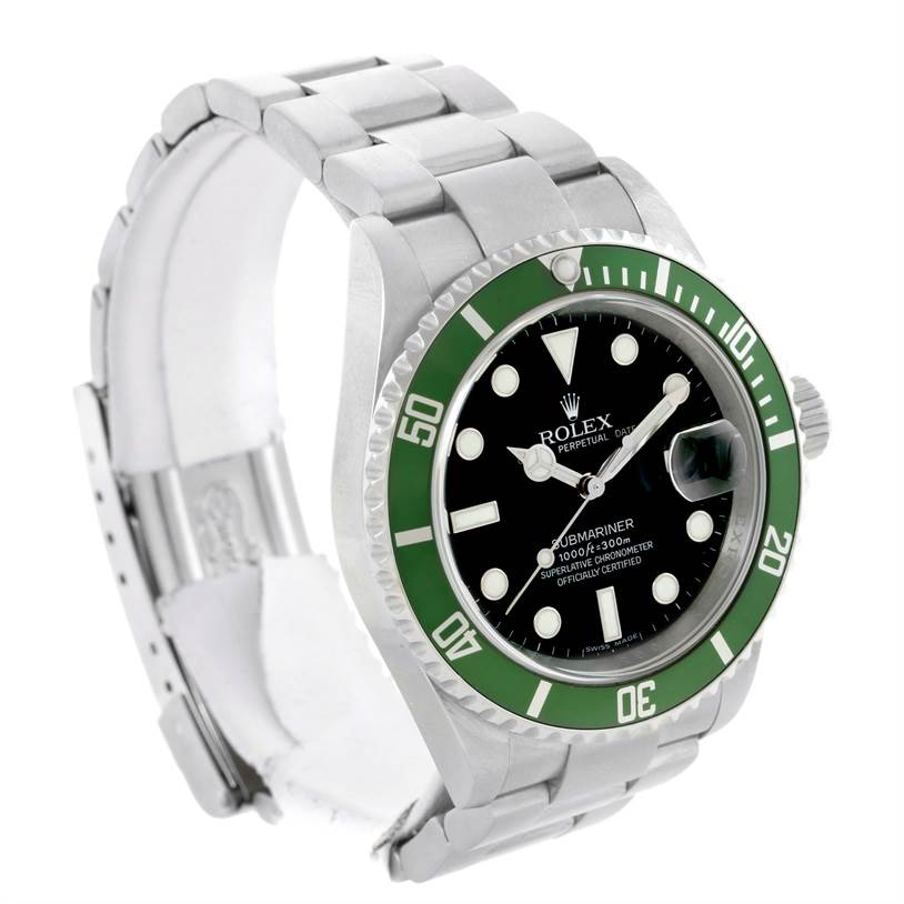 The image shows a side angle of a Rolex Submariner 16610LV Men
s Stainless Steel Black Dial 16610LV Men
s Stainless Steel Black Dial watch, capturing its green bezel, dial, bracelet, and crown.
