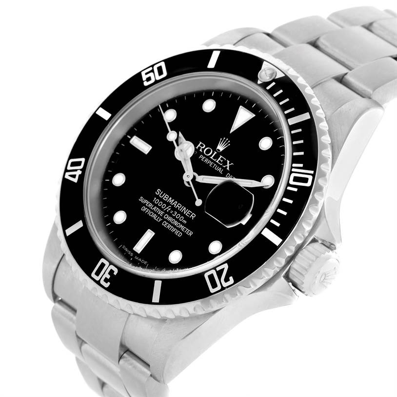 This image shows the Rolex Submariner 16610 Men
s Stainless Steel Black Dial 16610 Men
s Stainless Steel Black Dial watch at an angled view, highlighting the face, bezel, and part of the bracelet.