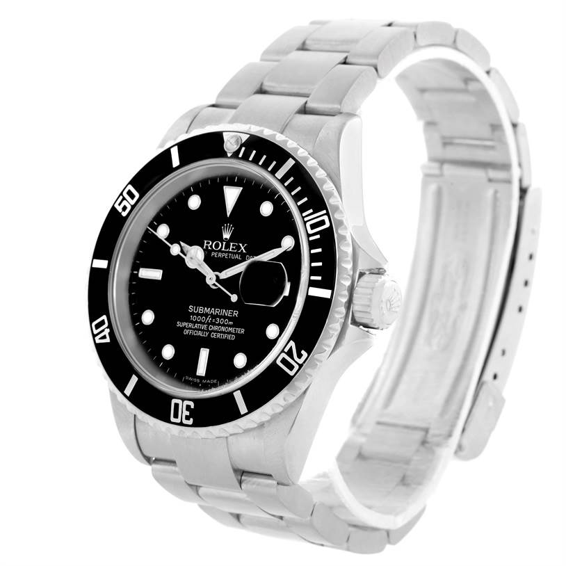 The image shows a side and angled view of the Rolex Submariner 16610 Men
s Stainless Steel Black Dial 16610 Men
s Stainless Steel Black Dial watch, highlighting its dial, bezel, crown, and bracelet.
