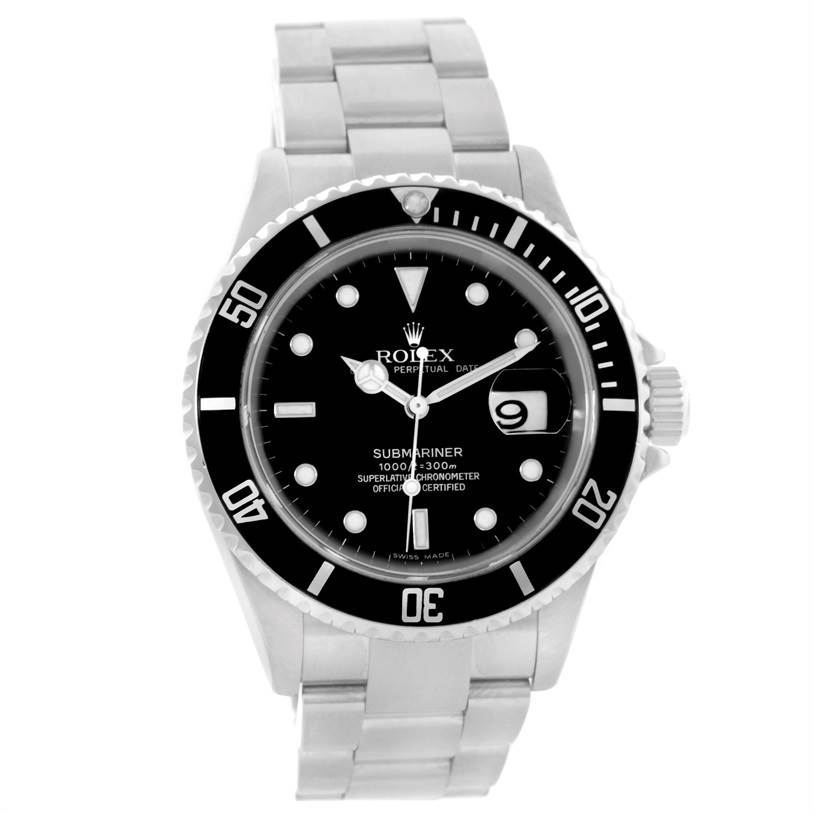 The image shows a frontal view of a Rolex Submariner 16610 Men
s Stainless Steel Black Dial 16610 Men
s Stainless Steel Black Dial watch, featuring its dial, bezel, and bracelet.