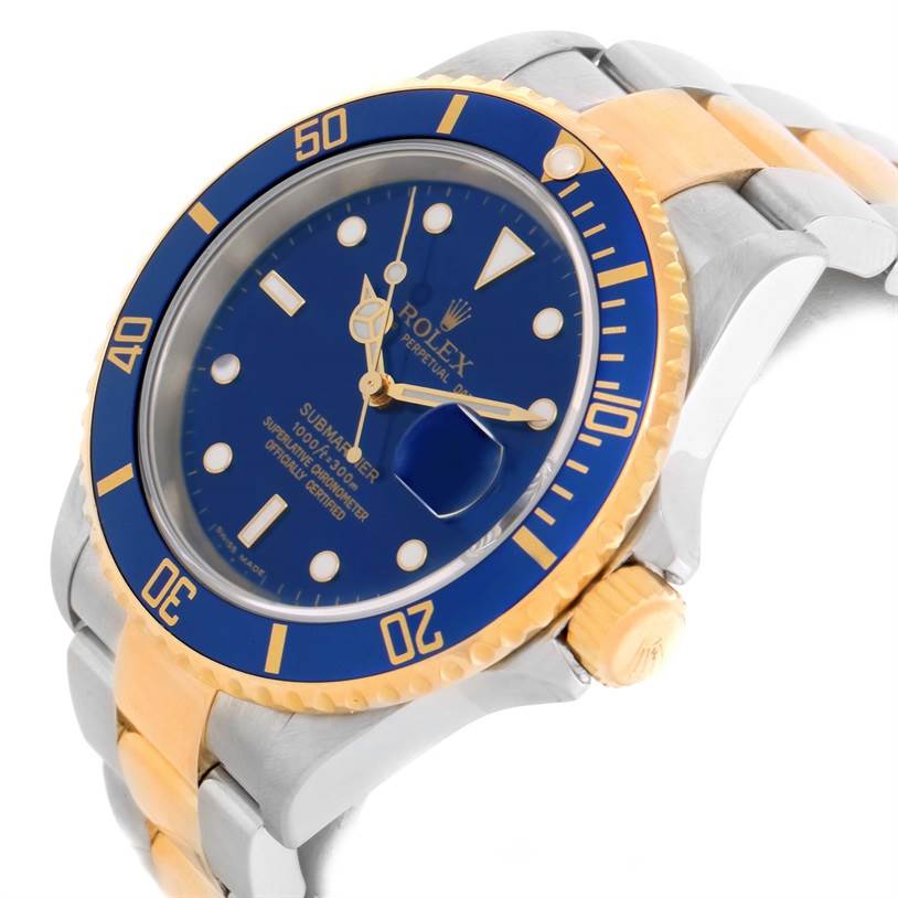 The Rolex Submariner 16613 Men's Steel and Gold (two tone) Blue Dial 16613 Men's Steel and Gold (two tone) Blue Dial watch is shown at an angle, highlighting its blue dial, bezel, and two-tone bracelet.