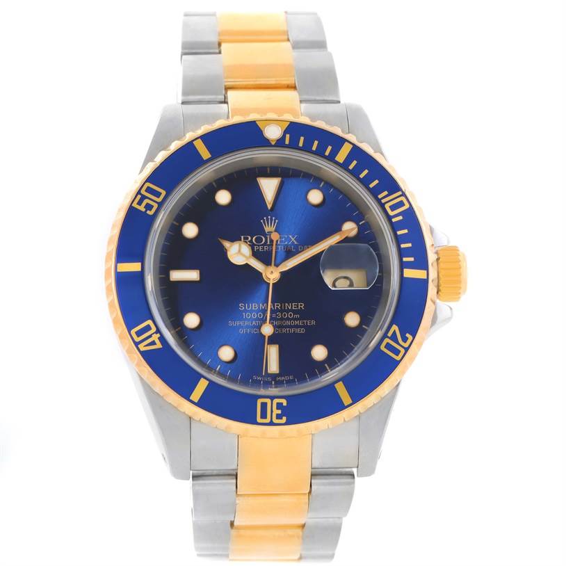 This image shows a frontal view of the Rolex Submariner 16613 Men's Steel and Gold (two tone) Blue Dial 16613 Men's Steel and Gold (two tone) Blue Dial watch, highlighting its blue dial, bezel, and two-tone bracelet.