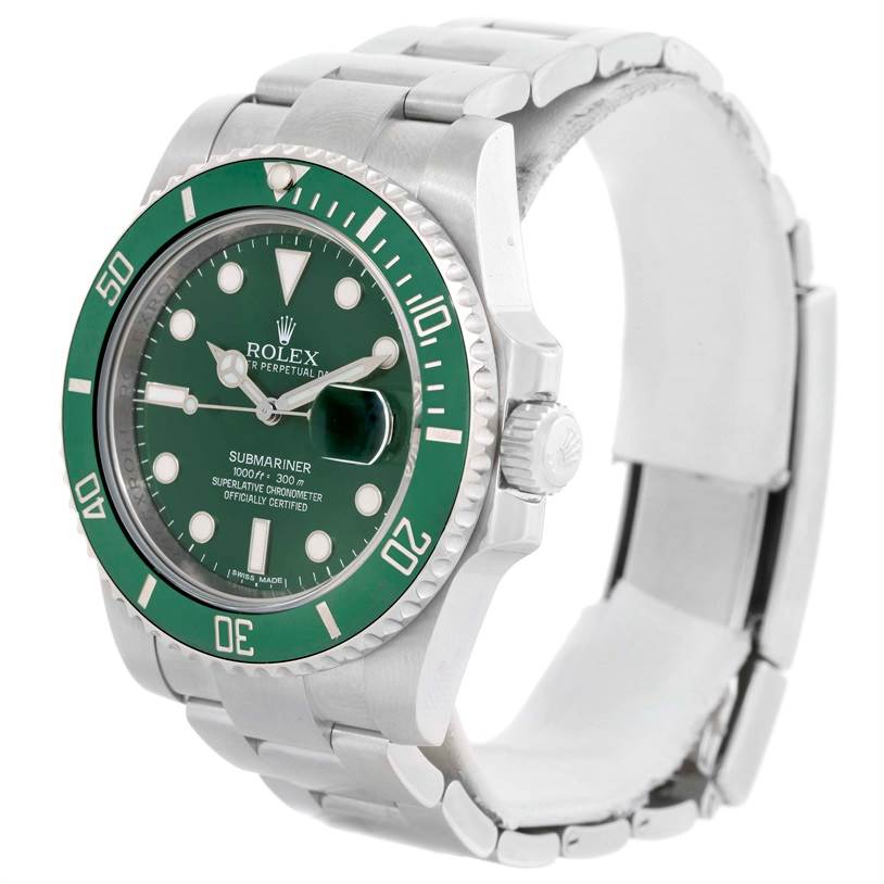The image shows a Rolex Submariner 116610LV Men
s Stainless Steel Green Dial 116610LV Men
s Stainless Steel Green Dial watch angled to display the face, bezel, crown, and part of the bracelet.