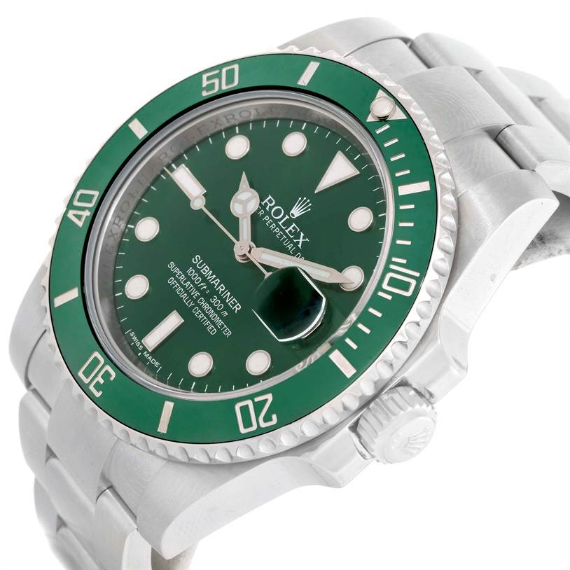 The image shows a close-up, angled view of a Rolex Submariner 116610LV Men
s Stainless Steel Green Dial 116610LV Men
s Stainless Steel Green Dial watch, highlighting its green dial, bezel, and metal bracelet.